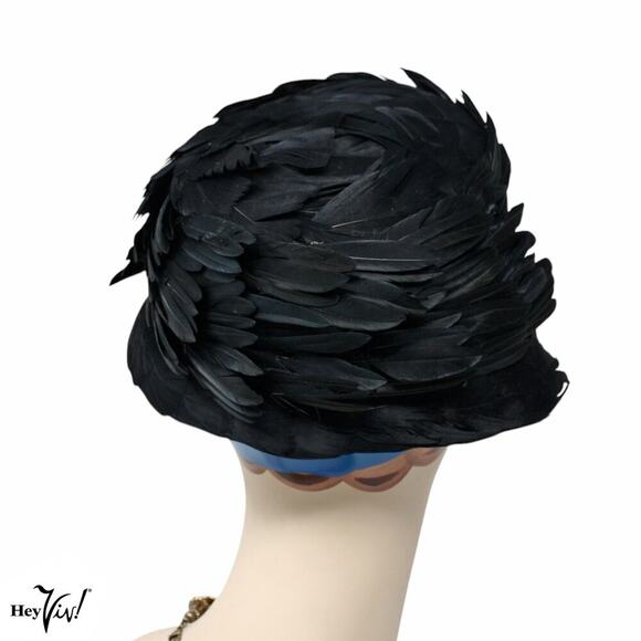 Vintage Black Feather Cloche Hat Cocktail Party Dramatic Elegant Design -Hey Viv - Picture 3 of 7